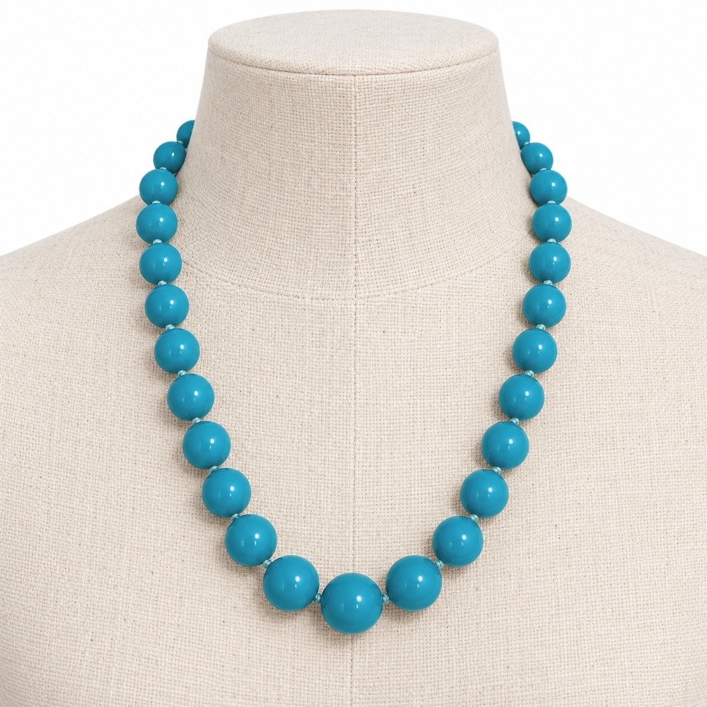 Vintage Resin Bead Necklace OS Turquoise Blue Graduated Hand Knotted